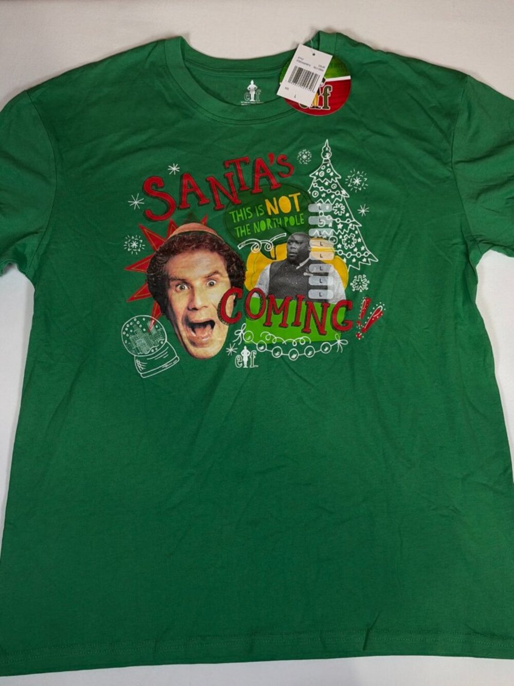 NWT Elf Will Ferrell Santa's Coming T-Shirt Men's L Green